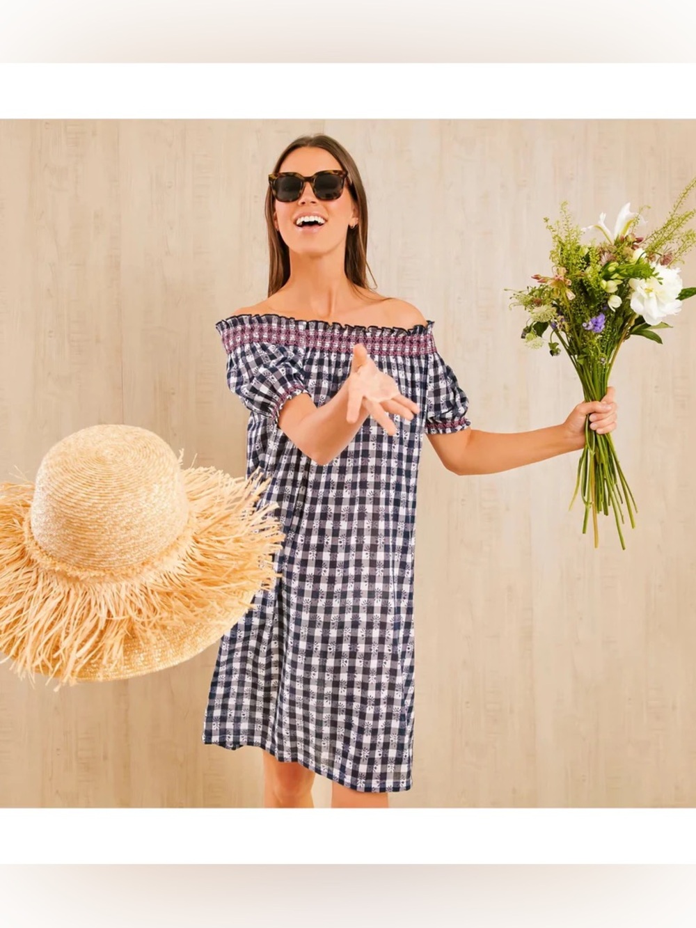 Tuckernuck Toulon Navy & White Gingham Off the Shoulder Dress Coverup Size Small